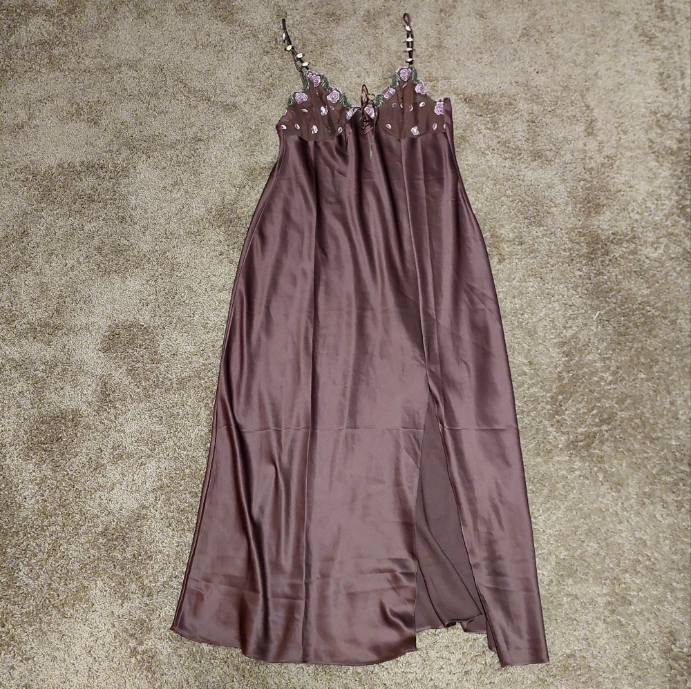 LAST CHANCE Vintage brown y2k 90s Lingerie slip dress with flower embroidery